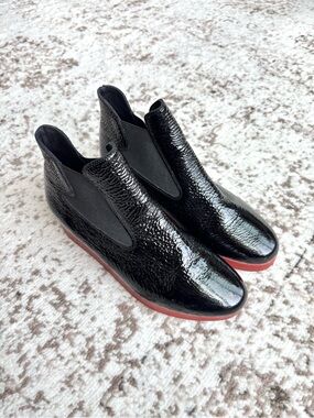 Arche France “Archette” Platform Red Sole Chelsea Crinkled Glossy Ankle Boots